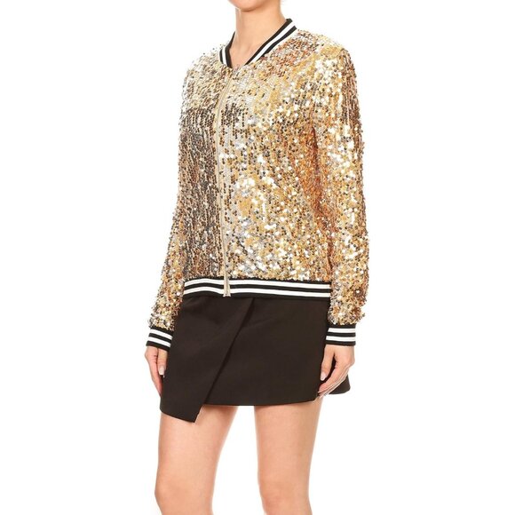 Brand New Women Gold Polyester Sequin Front Zip Jacket Long Sleeve Ribbed Cuffs - Picture 3 of 6